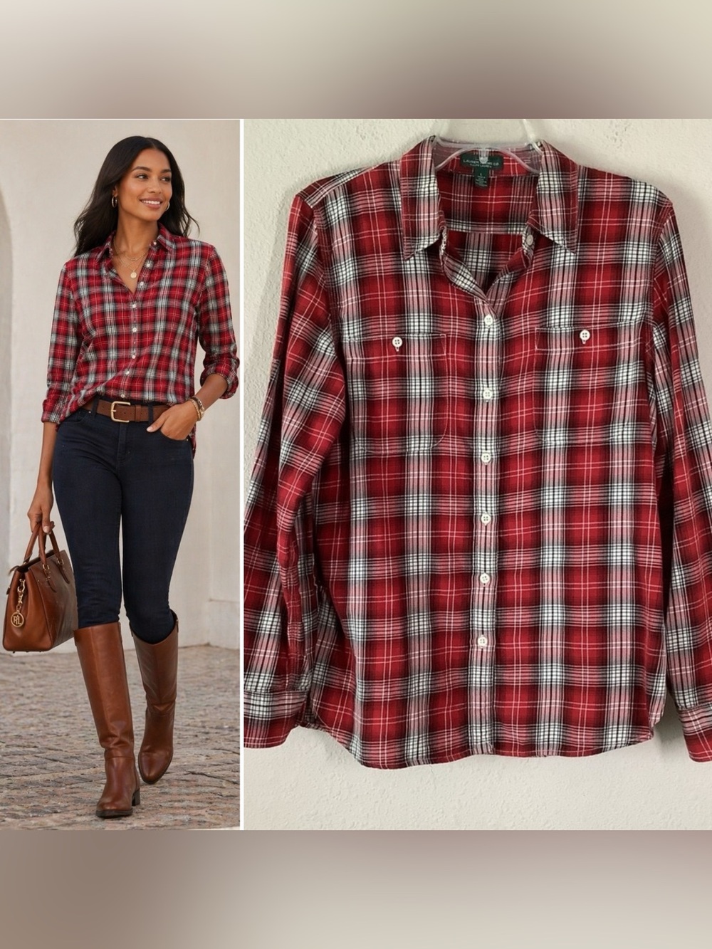 LAUREN RL Cotton Button Up Shirt L Plaid Lightweight Preppy Equestrian Spring - Picture 12 of 12